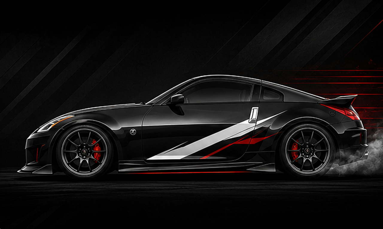 Nissan 350Z coming soon school drift car in black and red MLR style